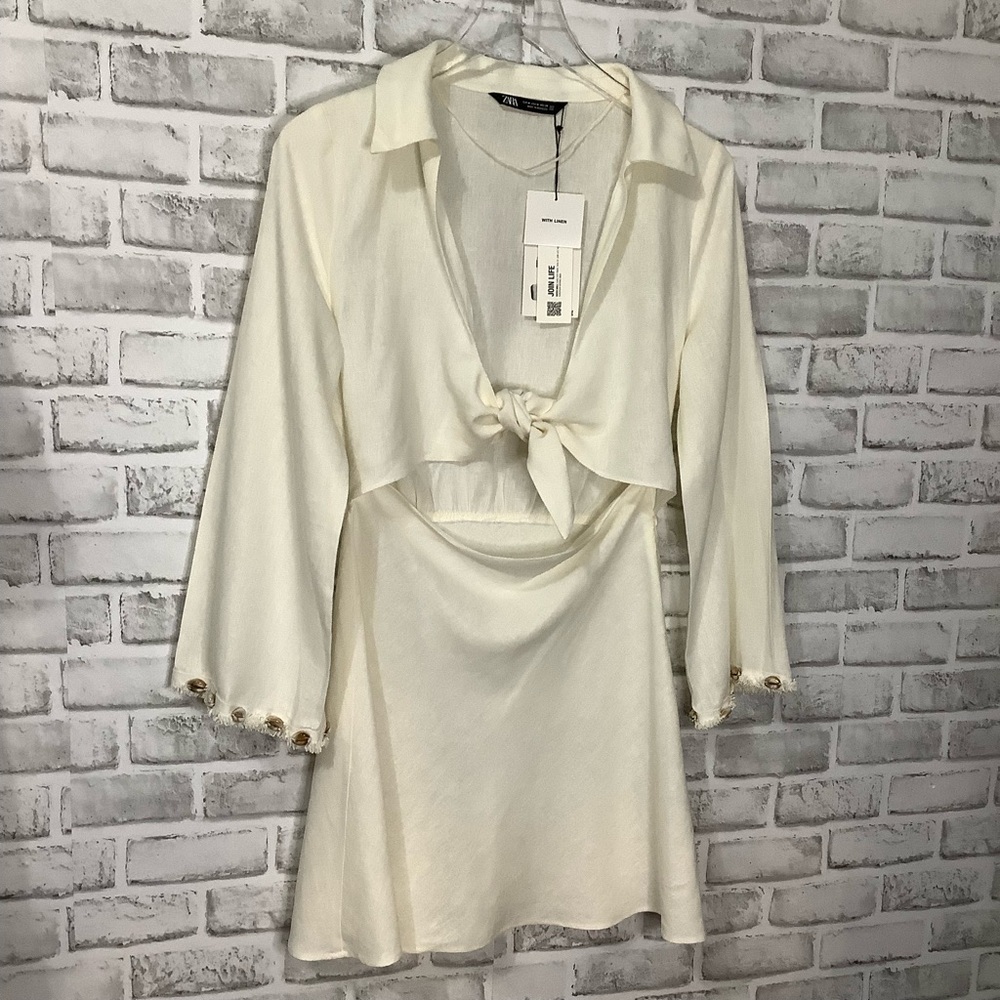 Zara Off-White Knotted Linen Blend Mini-Dress Size M NWT (0241)